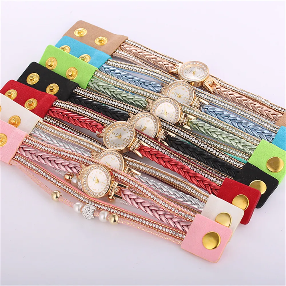 

Fashion Casual Gold Quartz Women Rhinestone Watch Braided Leather Bracelet Watch Gift Ladies Wristwatch Relogio Feminino Gift