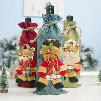 通販 素朴なスタイルクリスマスサンタ鹿リネン巾着ワインボトルカバーシャンパン包装袋ホリデーパーティーの装飾クリスマス用品
