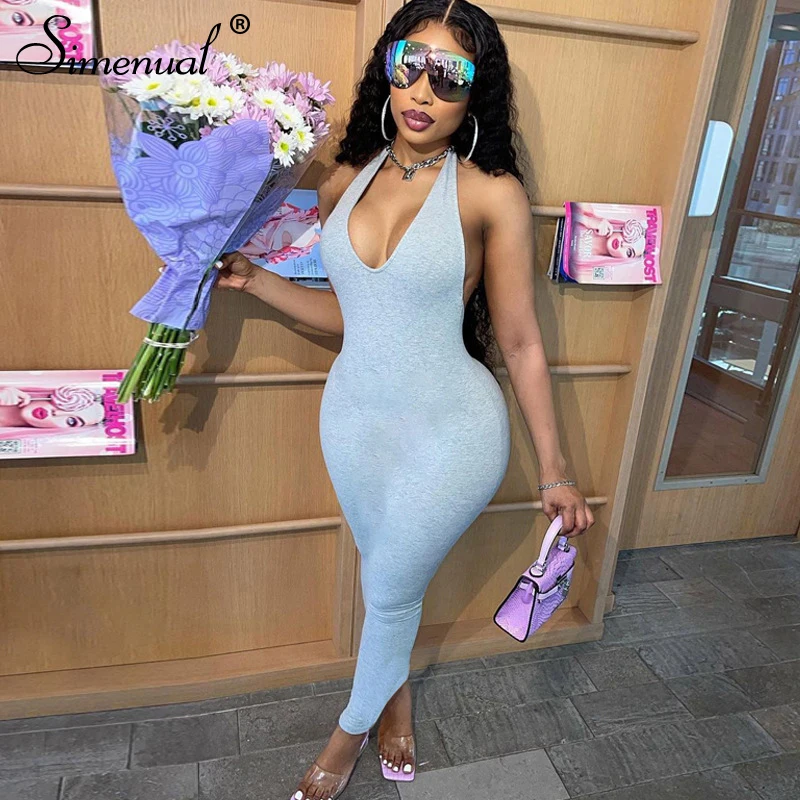 

Simenual Backless Tight Fitted Women Halter Maxi Dresses Summer 2021 Basic Simple Going Out Outfit Sleeveless Skinny Dress New