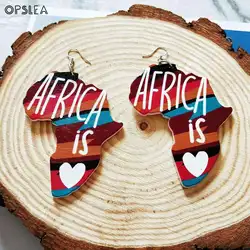 Opslea африканские Женские Геометрические карты серьги из дерева африканская Дашики голова шаблон серьги Мода ретро серьги ювелирные изделия