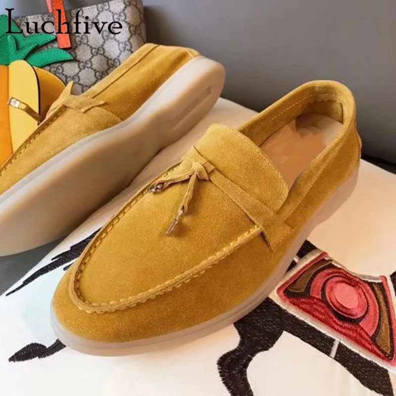 yellow Новинка; женские замшевые туфли с кисточками; модные туфли телесного цвета на плоской подошве; женские лоферы без застежки с круглым носком; сезон Ранняя весна; Zapatos De Mujer - Цвет: yellow