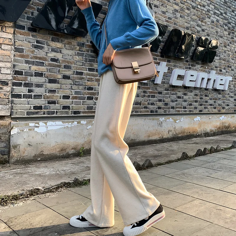 Knitting Wide Leg Pants Women Thickening Elastic High Waist Wool Long Pant Trouser Female Black Gray Casual Loose Bottoms