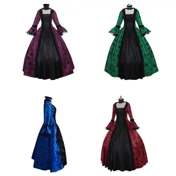 

Womens Victorian Inspiration Gothic Rococo Maxi Dress Floral Printed Ruffles Lace Medieval Renaissance Cosplay Costume