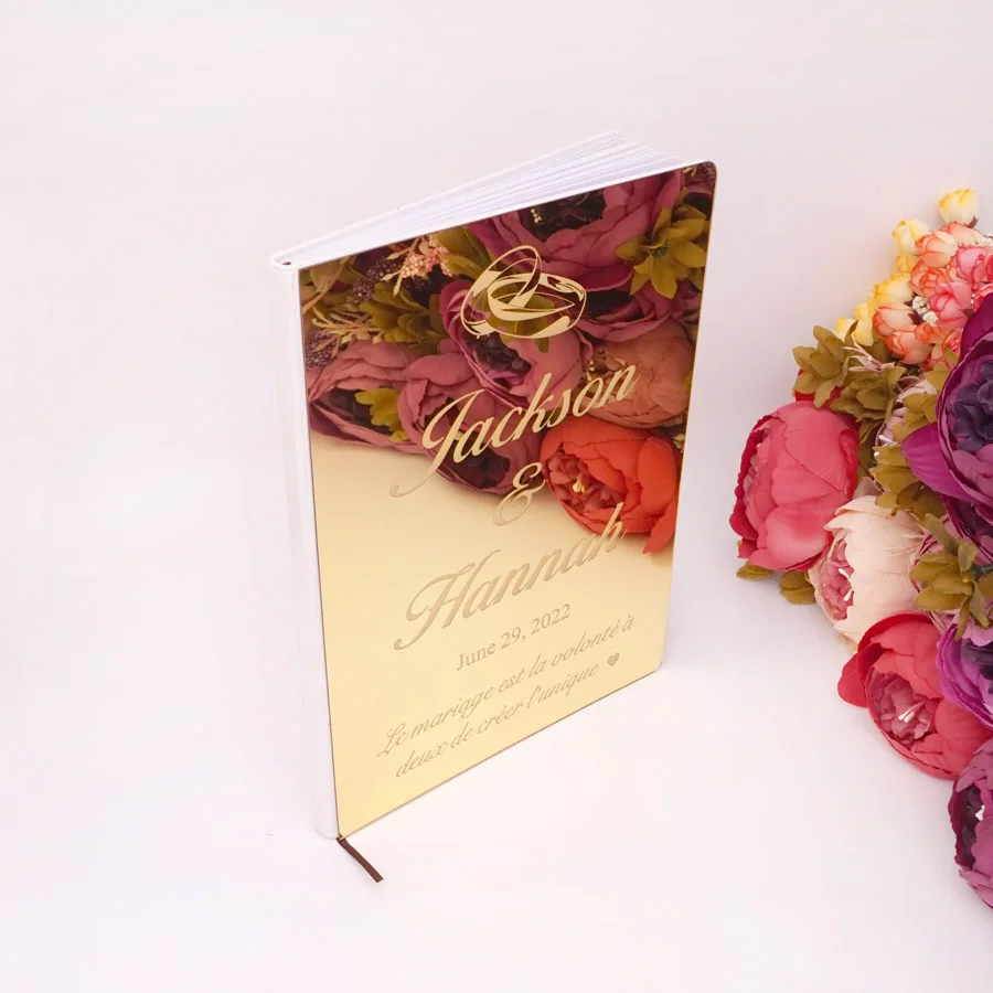 

Custom Acrylic Mirror White Blank Wedding Signature Guest Book with Double Ring Personalized Guest Book Party Decor Favor