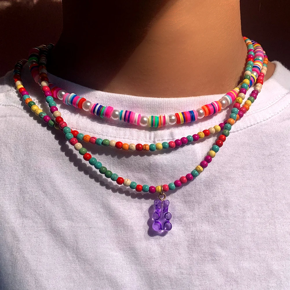 3 Pcs Purple Acrylic Bear Colorful Turquoise Beaded Necklace For Women Stripe Polymer Clay Pearl Bohemian Beach Jewelry | Украшения и