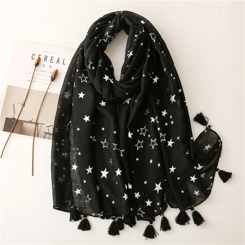 2021 Fashion Newest Star Silver Foil Cotton Tassel Scarf Shawls Wraps Hijabs 10pcs/lot |