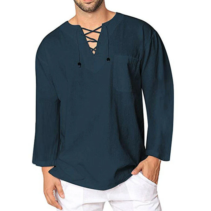 Hot Men Solid Baggy Shirt Cotton Linen Hippie Shirt Summer Mens Fashion Casual Street Daily Long Sleeve V Neck Shirt Five Color