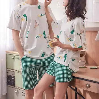 

INCERUN 2020 Summer Men Pajamas Sets Short Sleeve Printed T Shirt Plaid Shorts 2 Pieces Couple Sleepwear Comfortable Home Suits7