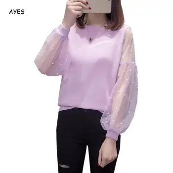 

2019 Autumn Elegant Blouses Women Lantern Sleeve Office Lady Shirts Pearls Mesh Patchwork Blouse And Tops Casual Blousa Mujer
