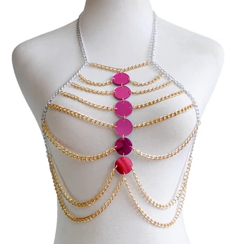 

Crystal Chain Tops Women Pink Bikini Wear Chain Bra Women Cropped Nightclub Party Festival Wear Burning Man GoldJewelry