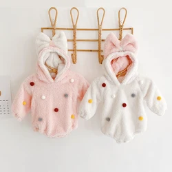 Baby Girls Winter Bodysuits Infants Children Warm Flannel Bowknot Hooed Rompers Kids Clothes