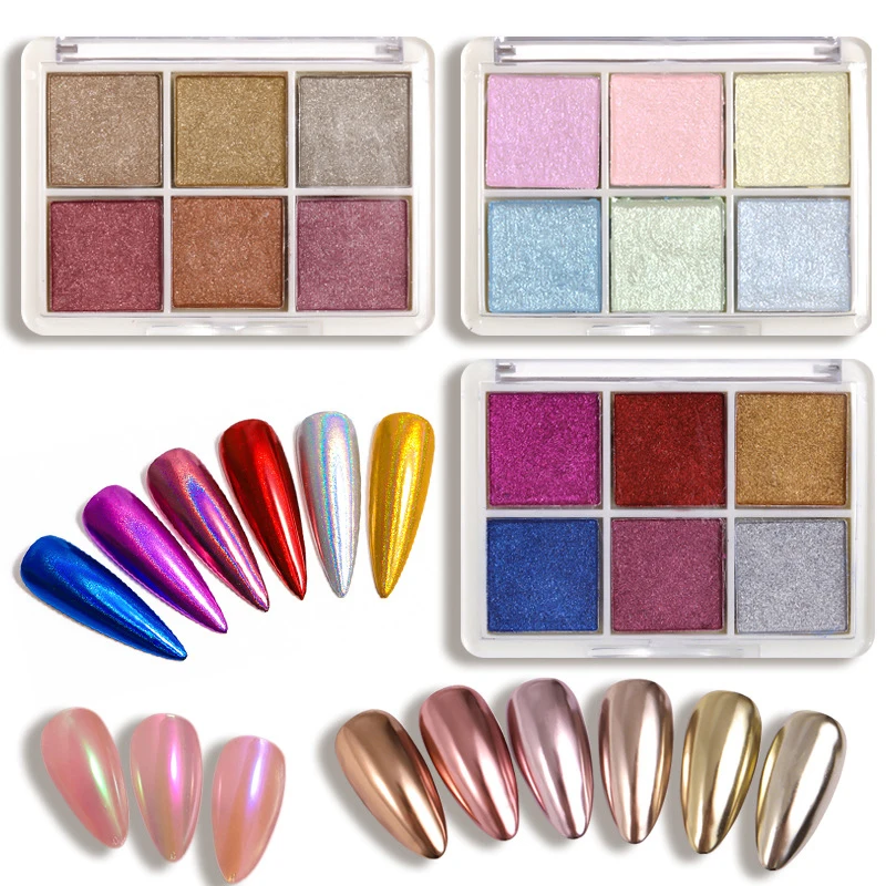 6 Colori Olografici Specchio Laser Chiodo Glitter Polvere Aurora Unghie Solide Gel Uv Smalto Pigmento Decorazioni Per Unghie
