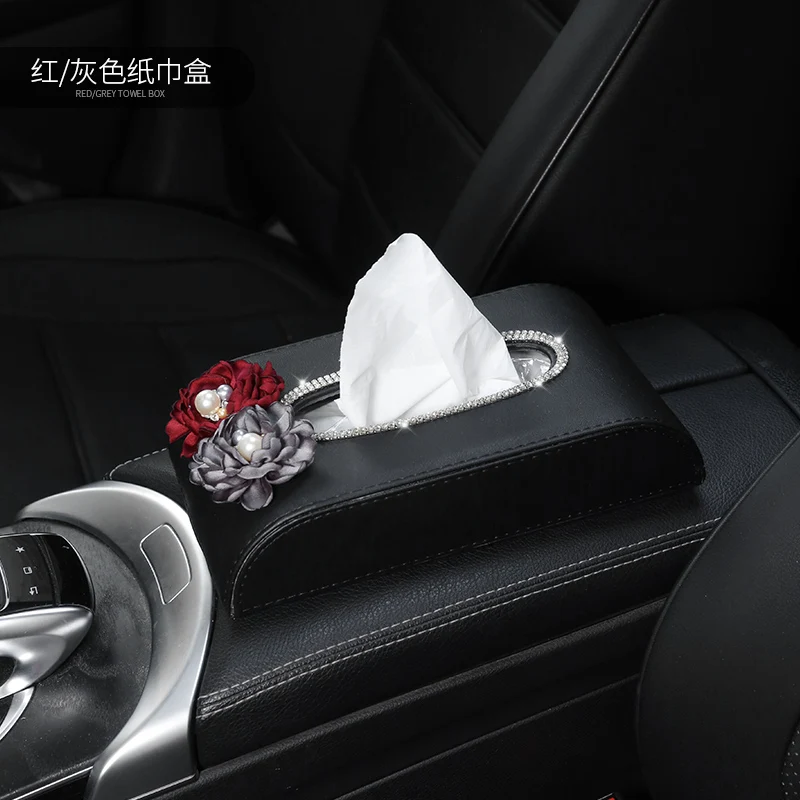 Diamond Crystal PU Leather Car Styling Tissue Box Cute Rose Auto Tissue Box For Girl Women Lady Car Interior Accessories