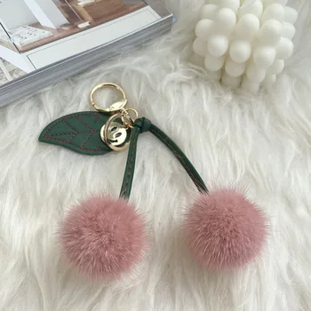 

Keychain Fur Mink Fluffy Cute Chain Women Cherry Leather Cute Pink Key Chain Bag Pendant For Girls Mink Fur Key Rings 2020 New