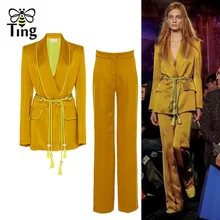 Tingfly, Подиумные дизайнерские блейзеры, костюмы, комплект из двух предметов, Женский винтажный элегантный Блейзер, пиджак+ длинные штаны, женские комплекты, вечерние костюмы