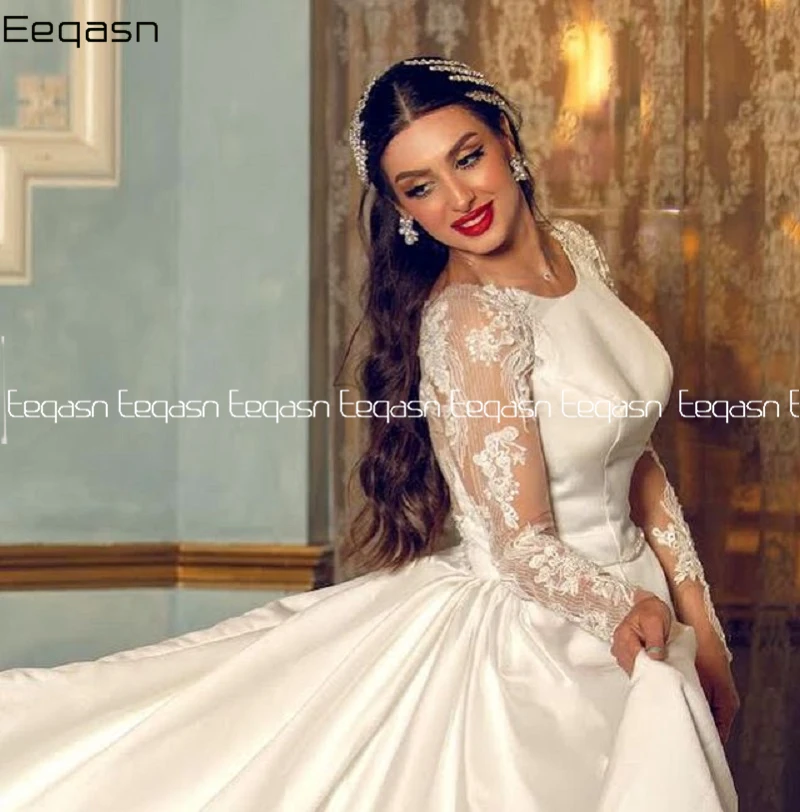 Princess Long Lace Applique Sleeve Wedding Dresses Floor Length Vintage Sweep Train Satin Women Bride Dress Robe Plus Size images - 6