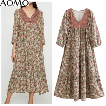 

AOMO summer fashion women boho style print oversize midi dress v neck ladies casual midi dress vestidos XN466A