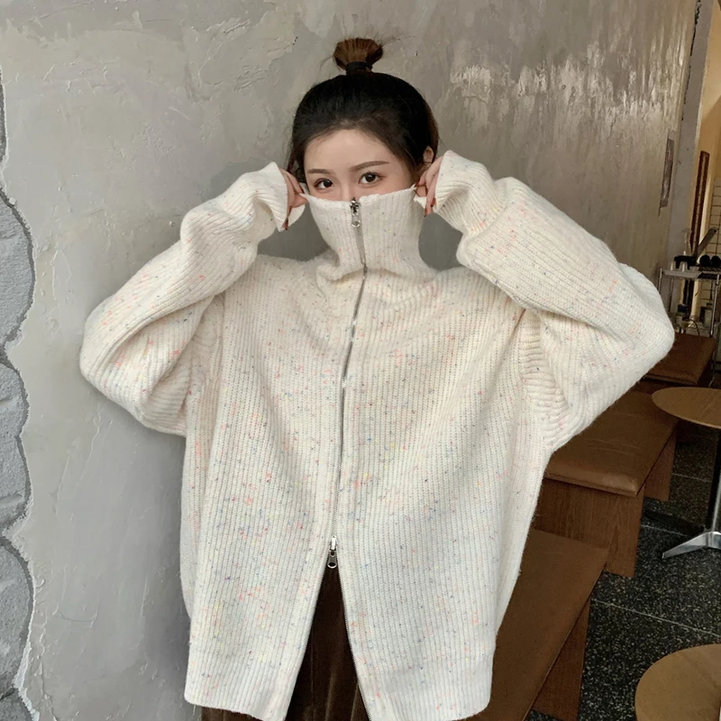 

High Collar Thick Outer Sweater for Women Autumn Winter 2020 New Korean Loose Thin Double Zipper Cardigan Jacket Fashion