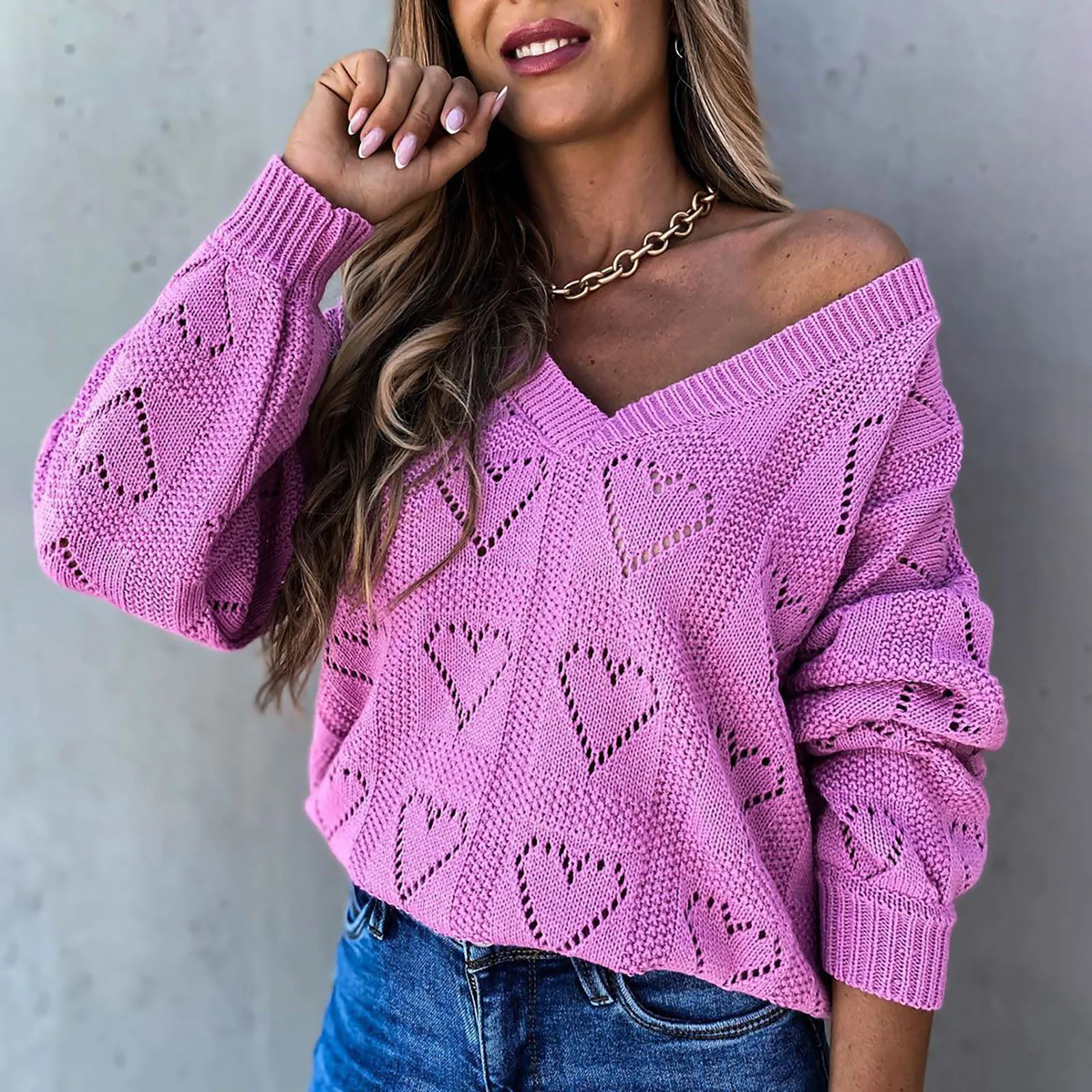 Women's Loose Sweater Knitted Autumn Winter V Neck Solid Color Top Sweater 2021 Long Sleeve White Warm Pullover Sweaters #4 1