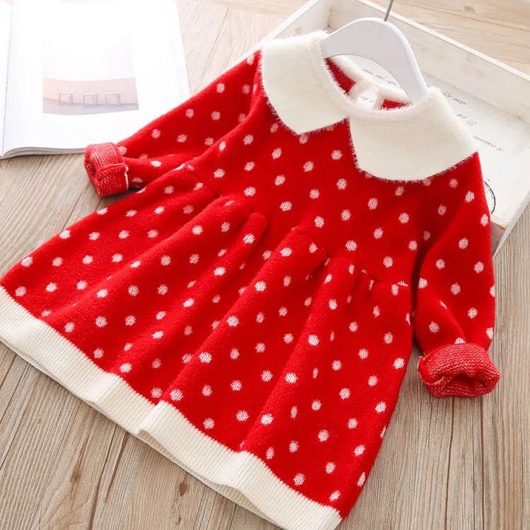 Г., платье для малышей vestido infantil корейское осеннее платье для девочек Трикотажный свитер с отложным воротником с длинными рукавами и снежинками - Цвет: Красный