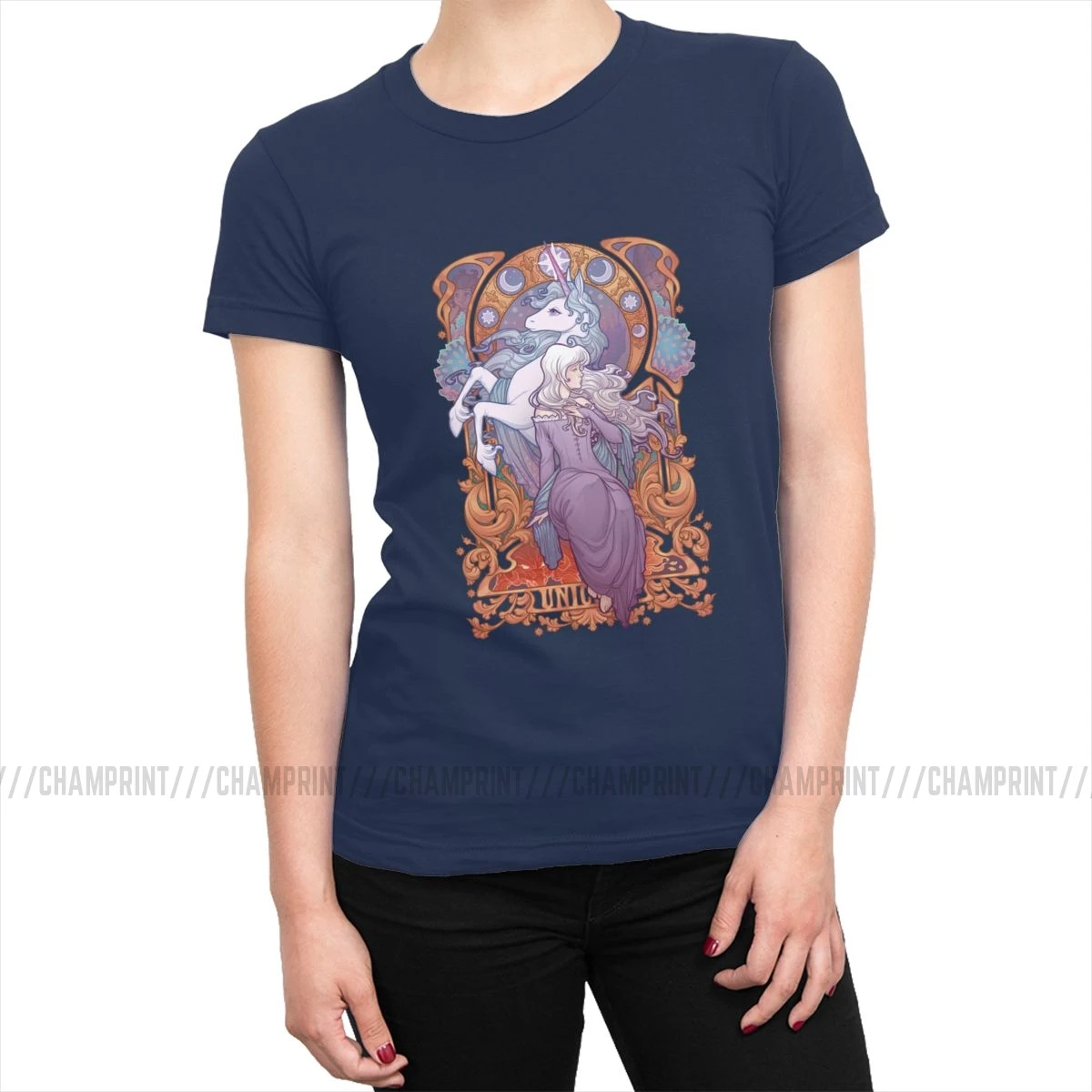 Lady Amalthea Футболка женская последняя футболка Единорог Tumblr топы футболки универсальные Круглый вырез хлопок женская одежда с графикой - Цвет: Тёмно-синий