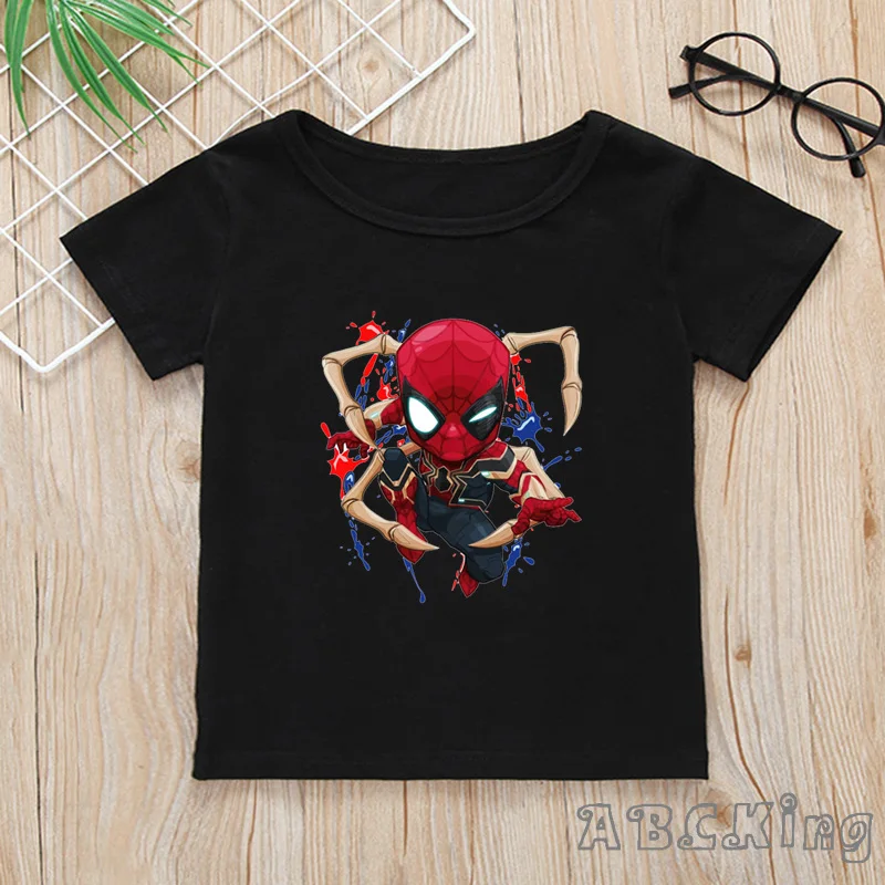 Детская футболка Marvel, Мстители, Железный человек/Капитан Америка/принт Человека-паука, топы для мальчиков и девочек, детская забавная черная футболка, HKP5288