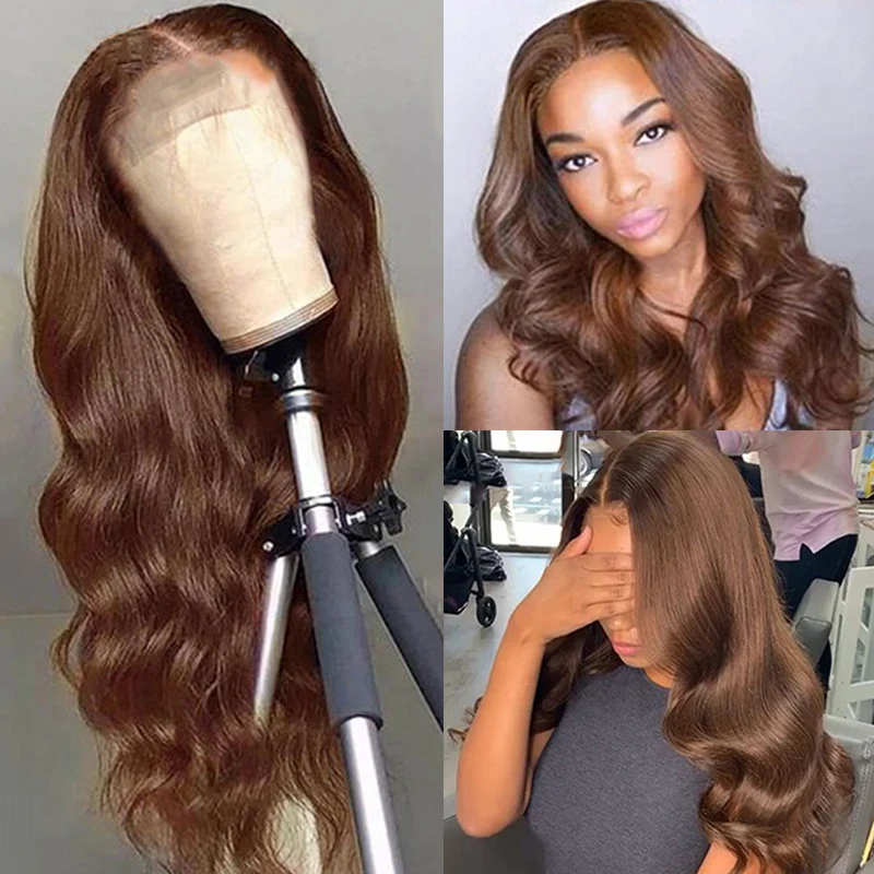 Wigs Brown Human-Hair-Wigs Chocolate Lace-Front Pre-Plucked T-Part Body-Wave Wavy Remy