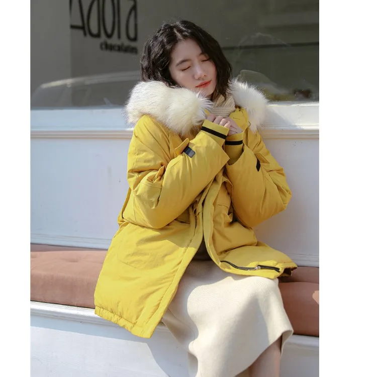 

Winter South Korea Simple College Style Loose-Fit Mid-length Fur Collar Hooded Thick Workwear down Cotton Overcoat Women's