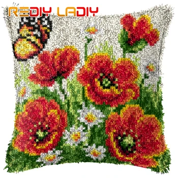 

Latch Hook Cushion Cover Poppies Tulips Crocheting Yarn Pillow Case Printed Canvas Crochet Arts & Crafts 43x43cm Sofa Bed Pillow