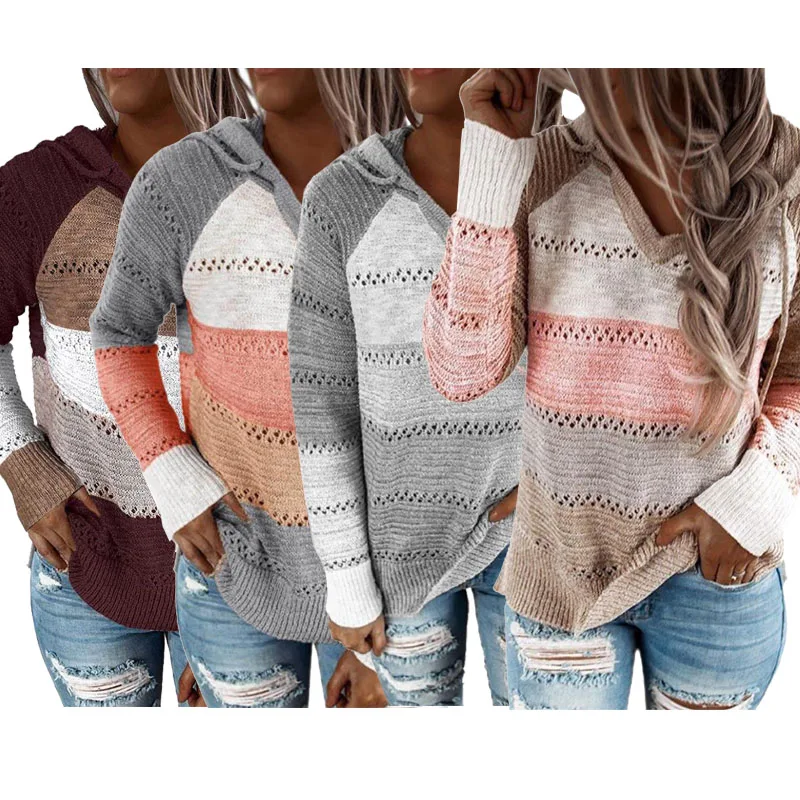 

Spring Fall Knitted Sweaters For Adult Women 2020Fashion Casual Loose Long Sleeve Hollow Hooded Tops Plus Size For Fat People