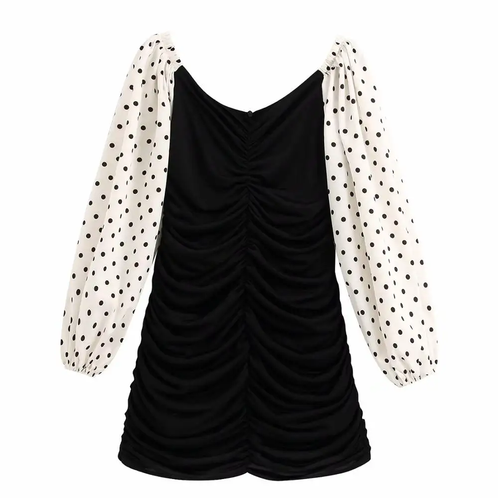 

women stylish ZA black dot mini pleated dress lantern sleeve elastic waist ladies chic sexy party dresses summer female vestidos