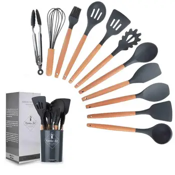 

12pcs Silicone Kitchenware Cooking Utensils Set Wooden Handle Heat-Resistant Kitchen Home Non-Stick Baking Tool With Storage Box