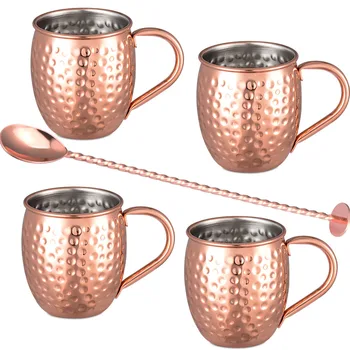 

4 Moscow Mule Copper Mugs Hammered Set with Handle Spoon Stainless Steel Gift Cocktail Drinks