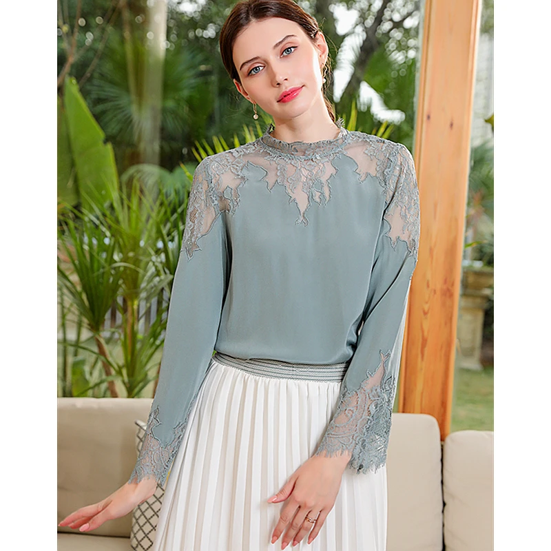 100% Silk Blouse Women Loose Patchwork Embroidery