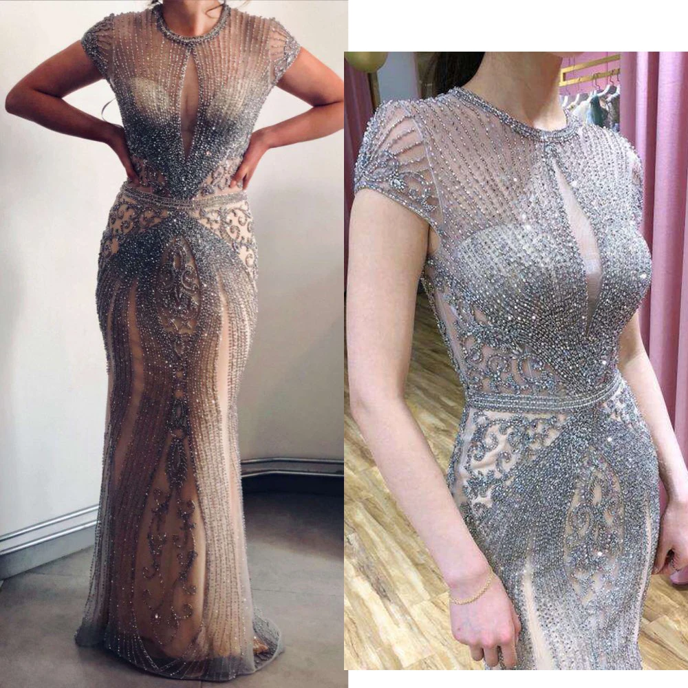 

Real Photo 2019 Luxury Rhinestones Nude Mermaid Evening Dress Long Evening Pageant Dresses Formal Gown robe de soiree