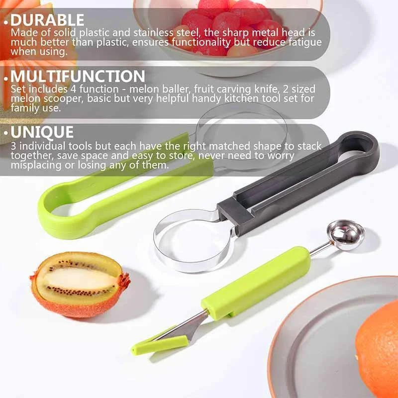 Suuker Melon Baller Scoop Set,Professional 4 In 1 Stainless Steel Fruit  Carving Tools Knife Kit,Fruit Scooper Seed Remover Watermelon Knife for Ice