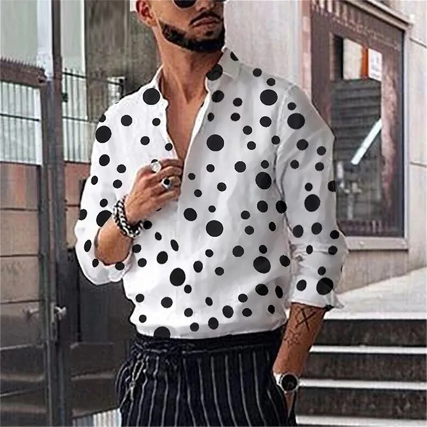 KLV Men's Shirts Autumn Fashion Loose Shirt Casual Long-Sleeved Shirt White Polka Dot Printed Shirt Business Leisure Shirt