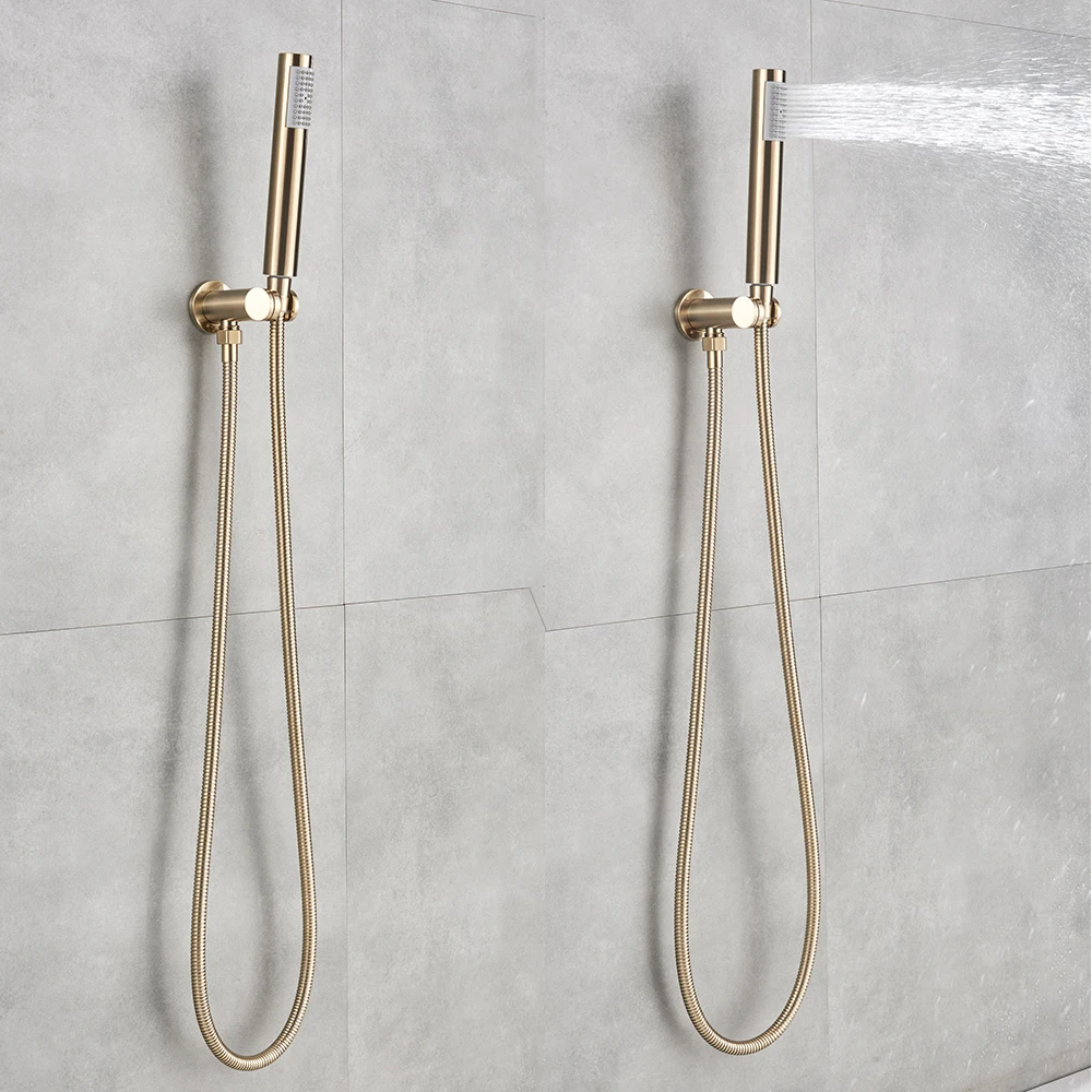 Brushed Gold Shower Faucet Wall Mount Big Rainfall Head Hand Sprayer Bathtub Taps Bath Shower Mixer Set System