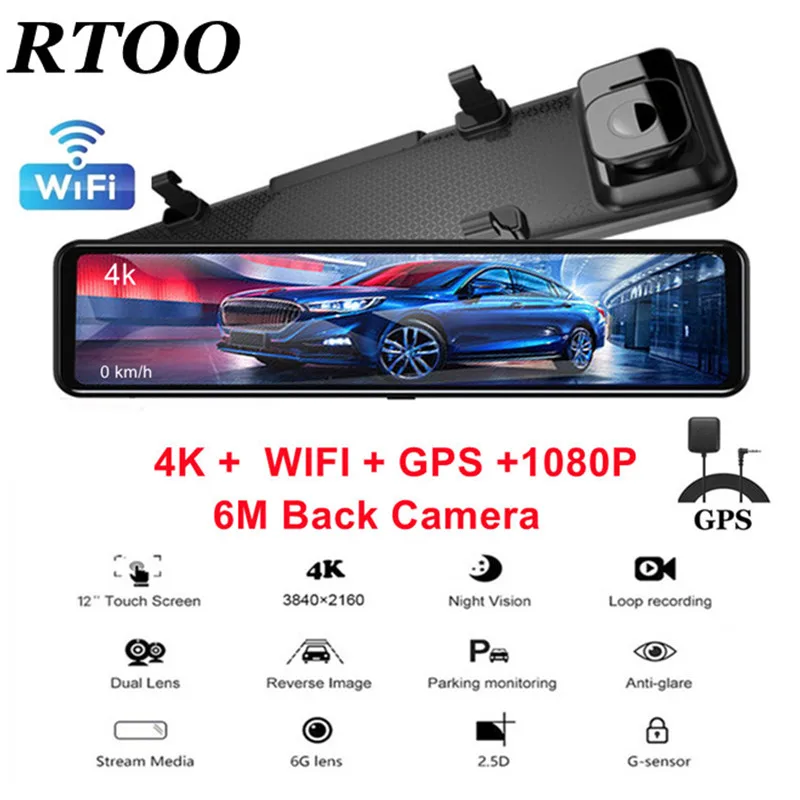 12 Inch Car DVR 4K 3840*2160P Touch Screen GPS Tracker Dual Lens Video Recorder Rearview Mirror Dash Cam Front and Rear Camera rear view mirror reverse camera DVR/Dash Cameras