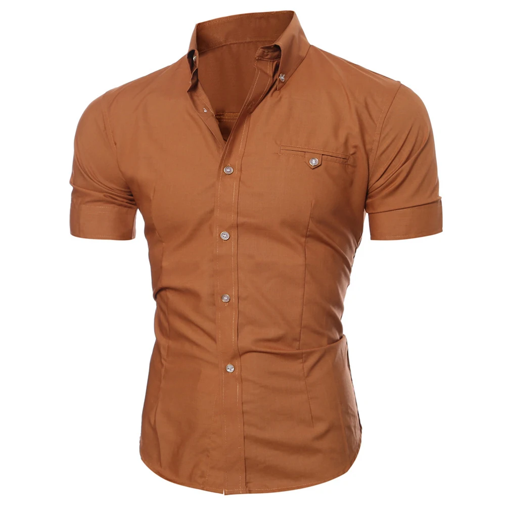 Мода Мужчины сплошной цвет пуговицы вниз рубашка с коротким рукавом лацкан