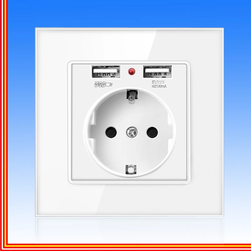 Wall Socket EU Wall Power Plug Socket with USB Outlet Glass 2a Dual USB Charger Plug Wall Outlet 16a 2100ma Electrical Wall Power Socket