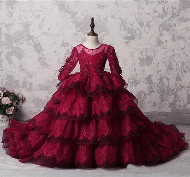 

New Puffy Girls Birthday Dress Long Sleeves Kids Formal Cloth Jewel Applique Flower Girl Dresses Pageant Gown with Long Train