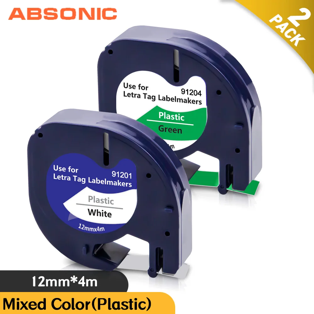 Absonic 2PK 12mm * 4m 라벨 메이커 Dymo LT 91201 91204 Black on White Green for LetraTag Plus LT-100T 2000 XM 프린터 용