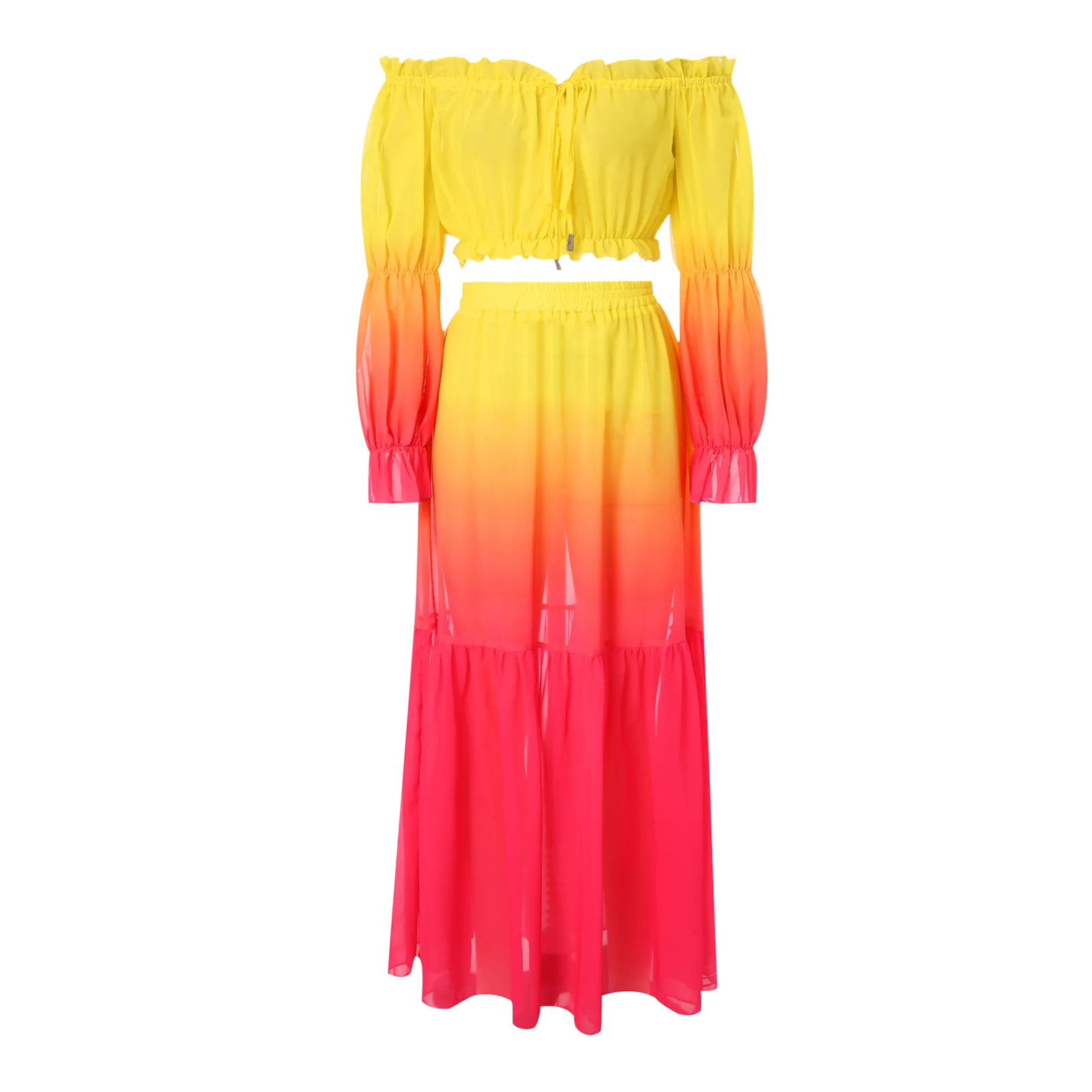 Beach Cover Women Mesh Sheer Bikini Cover-ups Set Gradient Color Long Sleeve Tie-Up Crop Tops+Cover Up Skirts Female Swimwear Beach Dresses