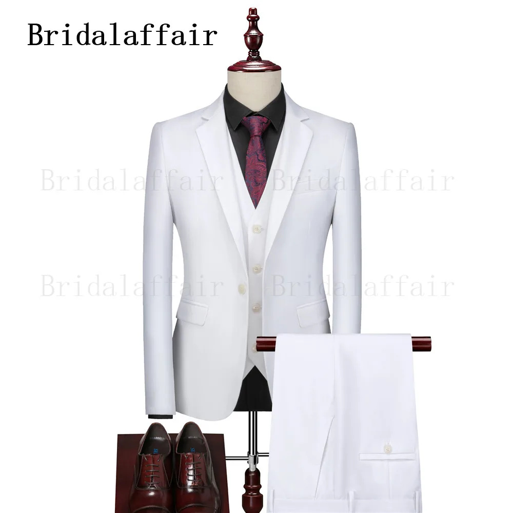 

Bridalaffair Мужские Белые Костюмы приталенные элегантные свадебные смокинги для выпускного вечера костюм для мужчин 3 шт. Блейзер Пальто жилет брюки костюм для мужчин