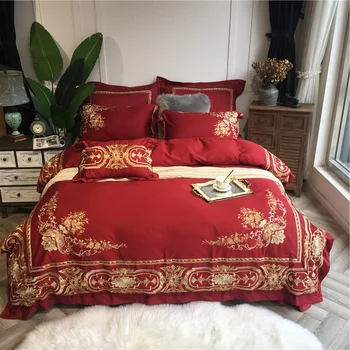 

Luxury Red White 100S Egyptian Cotton Gold Royal Embroidery European Palace Bedding Set Duvet Cover Bed sheet/Linen Pillowcases