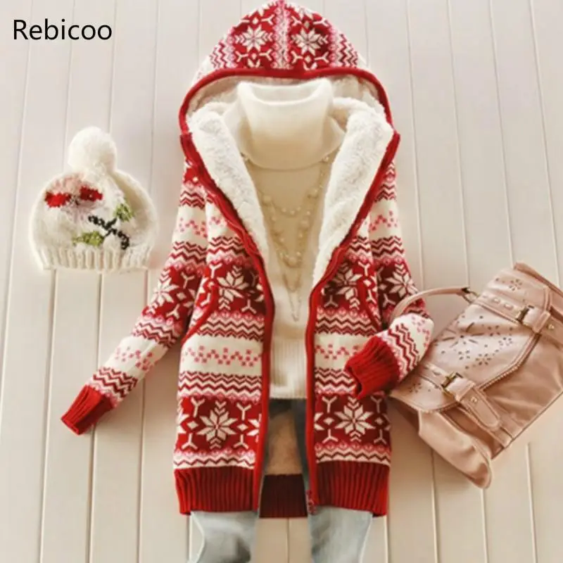 

Women thick Fleece Knitted Hooded Cardigans snowflake Crocheted Sweaters Coat Slim Long Sleeved Thickening Velvet Winter Tops