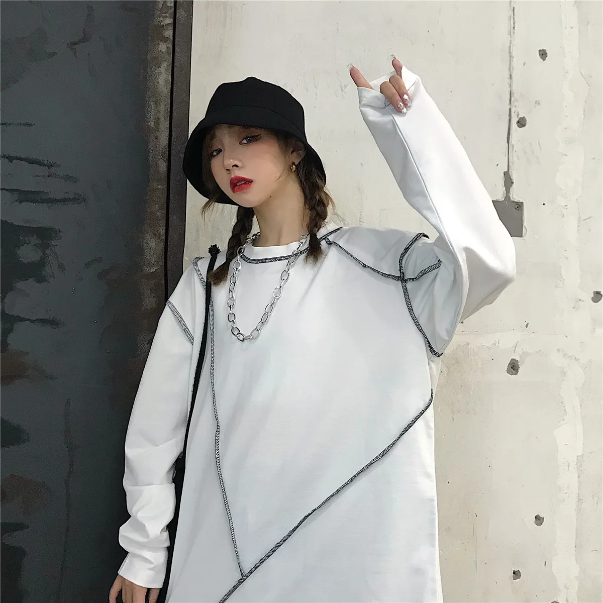 Хип-хоп панк Футболка Топ Harajuku уличная Корейская длинный рукав однотонный графический пуловер свободные негабаритные осень зима