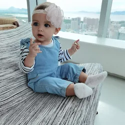 Barboteuse en Denim pour bébé fille, vêtements d'été, combinaison à rayures, manches longues, tenue pour bébé, haut + barboteuse, 2 pièces 