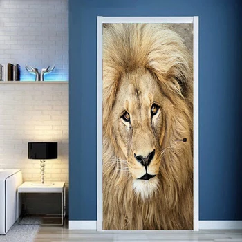 

Animal Lion Poster 3D Prints Waterproof Entire Door Sticker Creative Stickers Door Wall Sticker DIY Mural Bedroom Home Decor